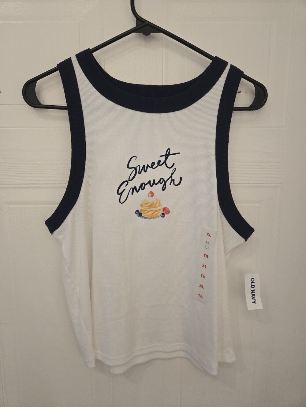 New XL Old Navy White Tank with Navy Trim and 'Sweet Enough' Script